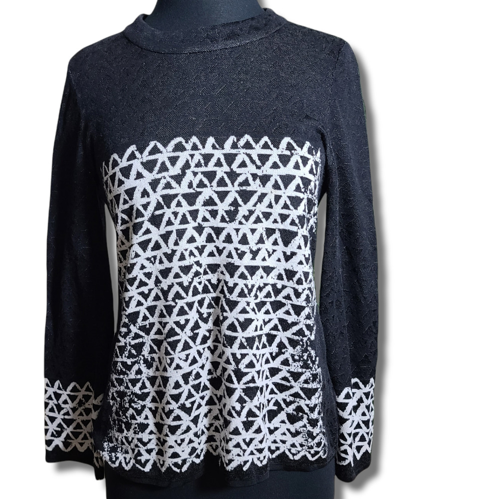 NIC+ZOE Crew Neck Knit Sweater zipper back geometric Design sz S
